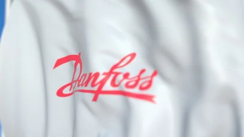 Flying flag with Danfoss Power Solutions logo, close-up. Editorial loopable 3D Stock Footage 115078736