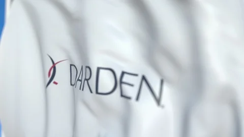 Flying flag with Darden Restaurants logo, close-up. Editorial loopable 3D Stock Footage 115077458