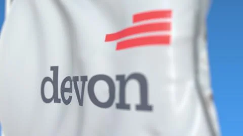 Flying flag with Devon Energy logo, close-up. Editorial 3D rendering 스톡 일러스트