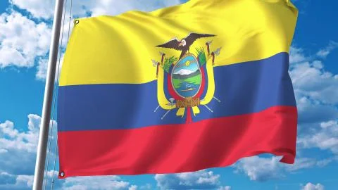 Flying flag of Ecuador on sky background. 3D rendering Stock Illustration