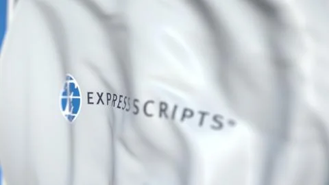 Flying flag with Express Scripts logo, close-up. Editorial 3D rendering Stock Illustration