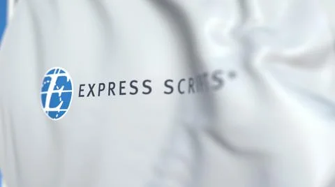 Flying flag with Express Scripts logo, close-up. Editorial 3D rendering Stock Illustration