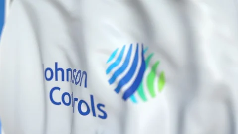 Flying flag with Johnson Controls logo, close-up. Editorial loopable 3D Stock Footage 115460888
