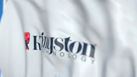 Flying flag with Kingston Technology logo, close-up. Editorial loopable 3D Stock Footage 115458044