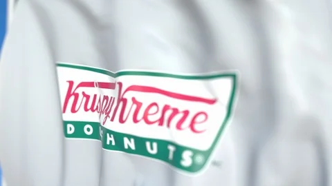 Flying flag with Krispy Kreme logo, close-up. Editorial loopable 3D animation Stock Footage 115455378