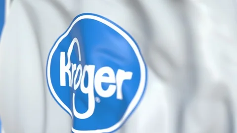 Flying flag with Kroger logo, close-up. Editorial loopable 3D animation Stock Footage 115454104