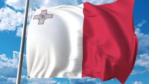 Flying flag of Malta on sky background. 3D rendering Stock Illustration