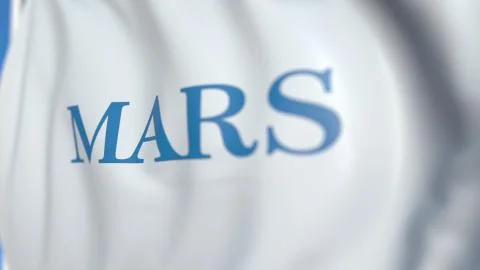 Flying flag with Mars Incorporated logo, close-up. Editorial 3D rendering Stock Illustration