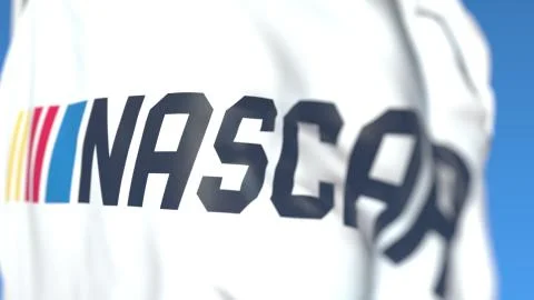 Flying flag with Nascar team logo, close-up. Editorial 3D rendering Stock Illustration