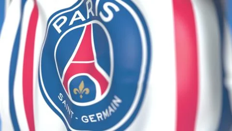 Flying flag with Paris Saint Germain football team logo, close-up. Editorial 3D Stock-Illustration