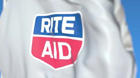 Flying flag with Rite Aid logo, close-up. Editorial 3D rendering Stock Illustration