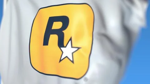 Flying flag with Rockstar Games logo, close-up. Editorial 3D rendering Stock Illustration