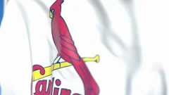 USA - NEW YORK, 12 August 2018: Waving flag with St. Louis Cardinals  professional team logo. Close-up of waving flag with Baseball St. Louis  Cardinals club logo, seamless loop. Editorial footage –