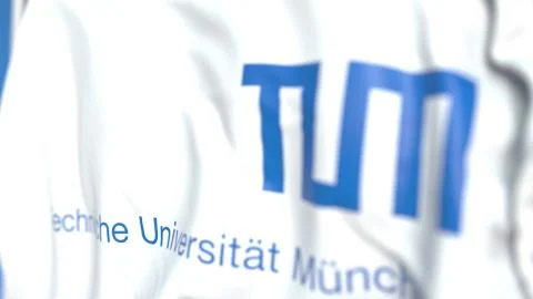Flying flag with Technical University of Munich emblem, close-up. Editorial 3D Stock Illustration