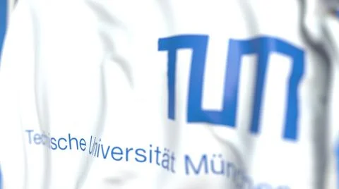 Flying flag with Technical University of Munich emblem, close-up. Editorial 3D Stock Illustration