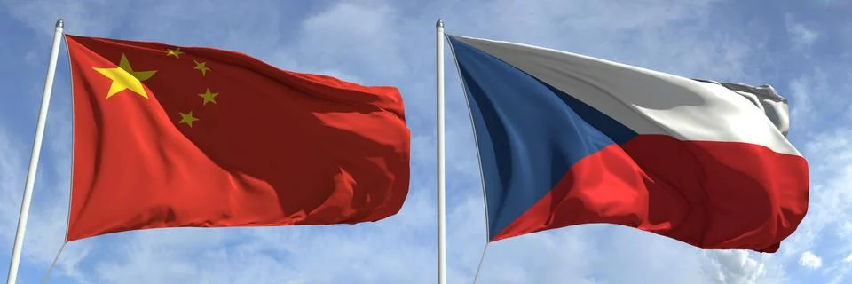Flying flags of China and the Czech Republic on sky background, 3d rendering Stock Illustration