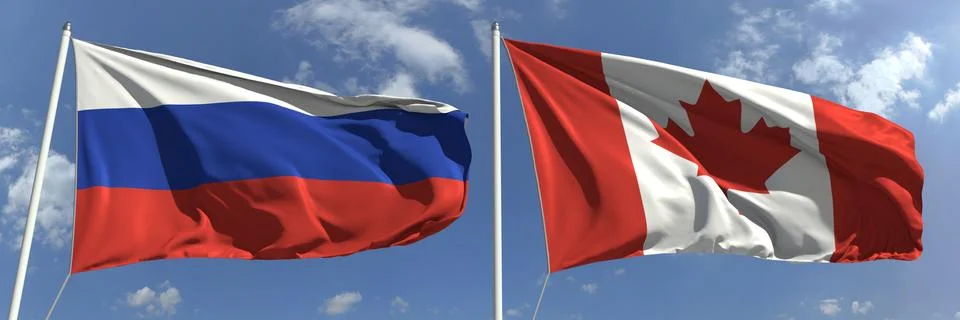 Flying flags of Russia and Canada on sky background, 3d rendering Illustrazione stock