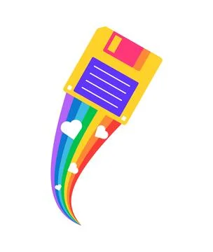 Flying floppy disk Y2K groovy sticker or patch Stock Illustration