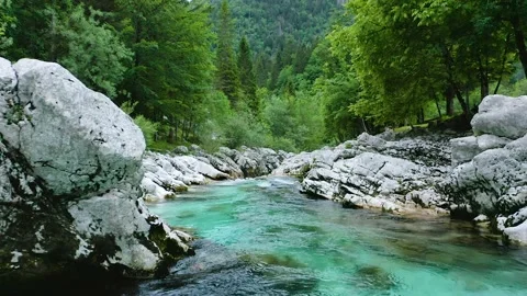 Flying With Flow of Beautiful Emerald Soča River at Small Gorge Soča River. Stock Footage 230328721