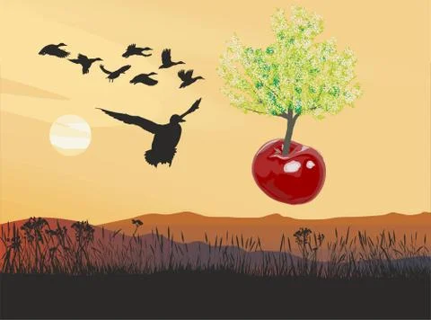 Flying flowering Cherry tree of cherries 스톡 일러스트