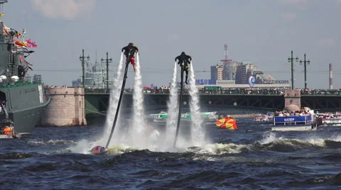 Flying on Flyboard over the Neva River in St. Petersburg. 4K. Stock Footage 40739957