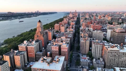 Flying Forward Above Riverside Blocks Beside the Hudson at Dusk Stock Footage 345293295