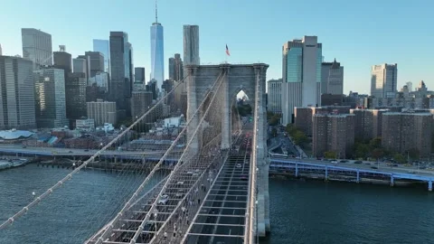 Flying Forward Down the Brooklyn Bridge Toward One World Trade Stock Footage 345290735