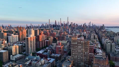 Flying Forward Down the Upper West Side Toward Midtown at Dusk Stock Footage 345293517
