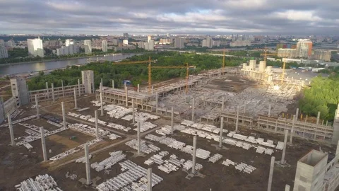 Flying forward over large complex construction. Aerial view. Stock Footage 77817388