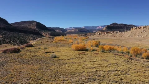 Flying Forward Over Mountain Gorge On Autumn Sunny Day Yellow Leaves On Trees Stockbeeldmateriaal 135314964