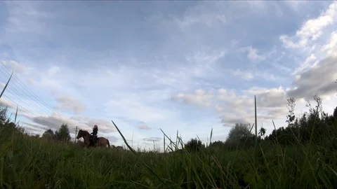 Flying on an fpv drone behind a horse, a girl on a horse Stock Footage 166832230
