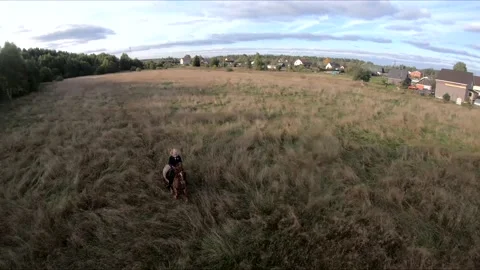 Flying on an fpv drone behind a horse, a girl on a horse Stock Footage 166832800