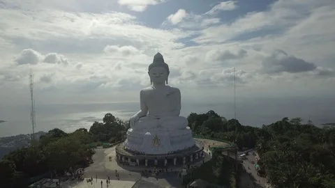 Flying front of Big Buddha Phuket, from the bottom up 스톡 동영상 83584748