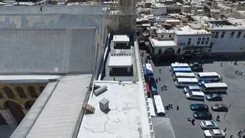 Flying in front of Umayyad Mosque's facade in Old Damascus, Syria. Stock Footage 119507418