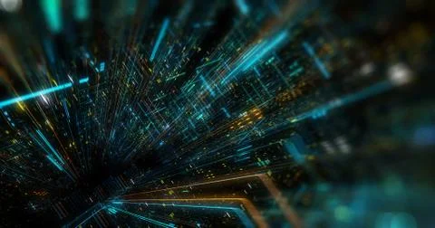 Flying futuristic central processing unit. electronic circuitry Illustrazione stock