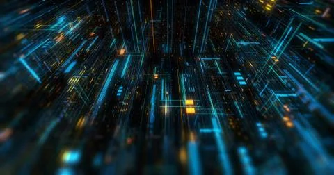 Flying futuristic central processing unit. electronic circuitry Illustrazione stock