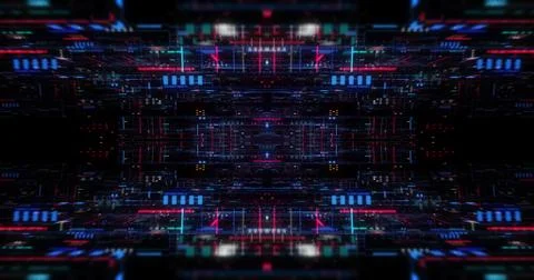 Flying futuristic central processing unit. electronic circuitry within a comp Stock Illustration