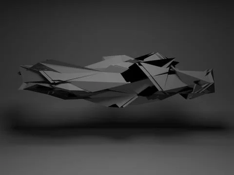 Flying futuristic polygonal object, 3d render イラスト素材