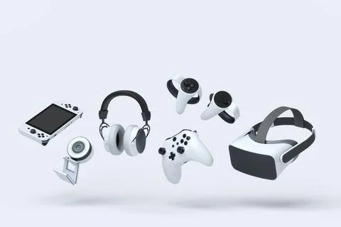 Flying gamer gears like controller, VR glasses, web camera, headphones, joystick Illustrazione stock