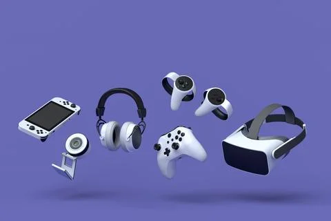 Flying gamer gears like controller, VR glasses, web camera, headphones, joyst Illustrazione stock