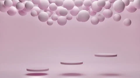 Flying geometric objects and presentation podium on pink pastel background. Illustrazione stock