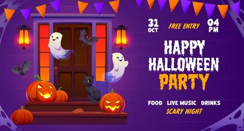 Flying ghost on porch, Halloween party flyer Stock Illustration