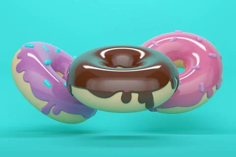 Flying glazed donuts with powder on blue background. 3d rendering Stock Illustration