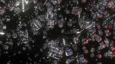 Flying glowing cubes and deforming mesh on a dark background. looped animation.  Stock Footage 152909917