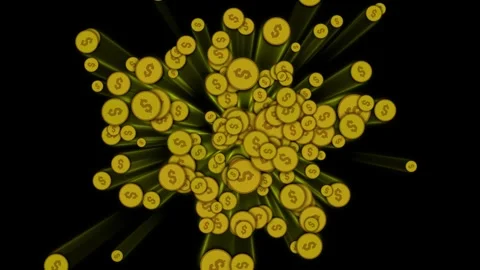 Flying golden coins explosion Stock Footage 309920445