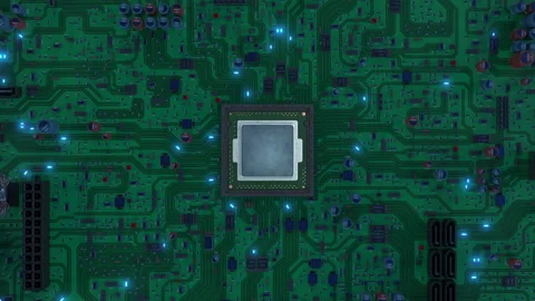 Flying to Great Circuit Board with Main Processor in the Center. Blue Signals Stock Footage 90331206