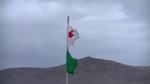 Flying green flag and red cross flag at the beach during a cloudy day Stockbeeldmateriaal 80041894
