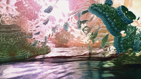 Flying green leaf particles on pink. Fractals. 3D. Stock-Footage 130188223