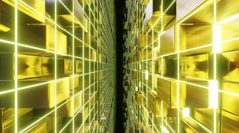 Flying Grid On Gold Cube Stock Illustration