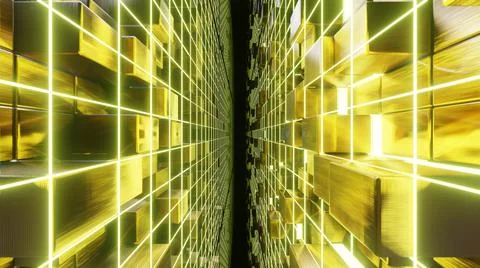 Flying Grid On Gold Cube Stock Photos